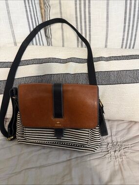 Fossil Tan Leather Flap Crossbody with Black & White Stripes